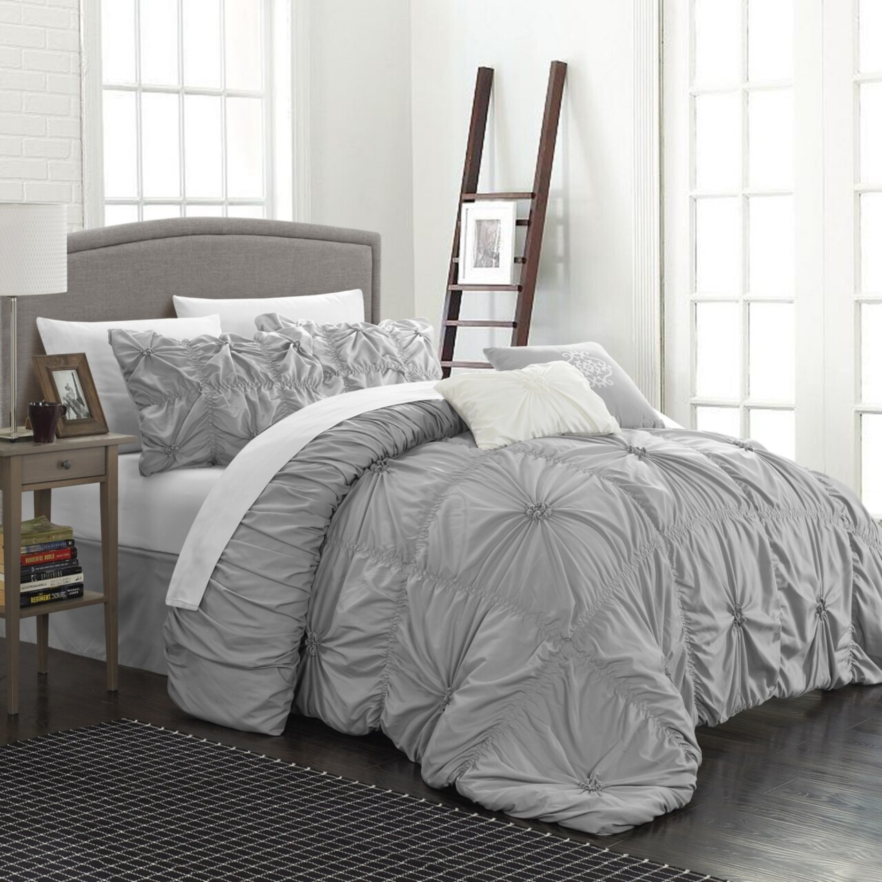 Chic Home Hilton 10 Piece Comforter Set Floral Pinch Pleated Ruffled Designer Embellished Bed in a Bag Bedding